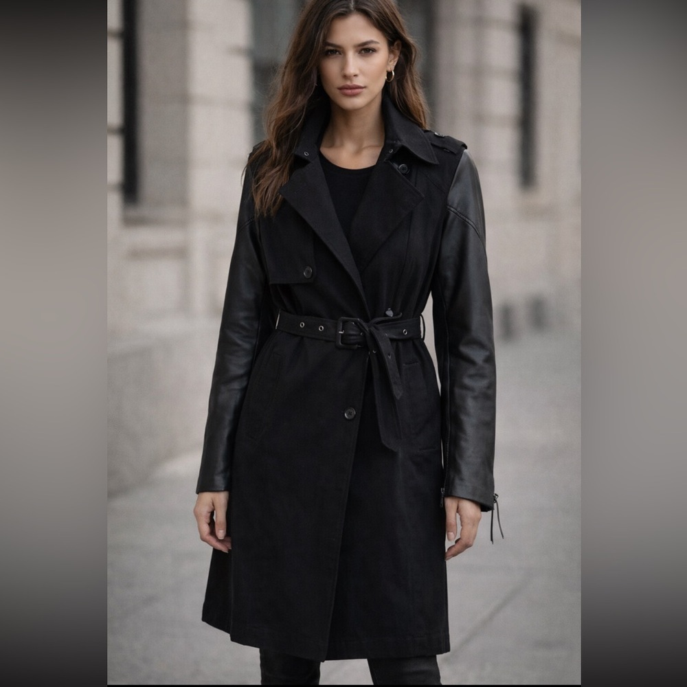 Diesel Trench Coat Black Vegan Leather Sleeve Belted Jacket Military Style S